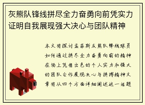 灰熊队锋线拼尽全力奋勇向前凭实力证明自我展现强大决心与团队精神